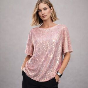 Anne Klein Pink Sequin Short Sleeve Top Crewneck Blush Sparkle Large
